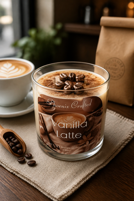 Candle jar with beige wax labeled "Phoenix Crafted Vanilla Latte", coffee beans on top, scoop, latte cup and brown bag on beige cloth.