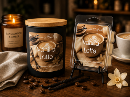 Vanilla Latte candle and matching wax melts arranged together as a coordinated Phoenix Crafted gift set.