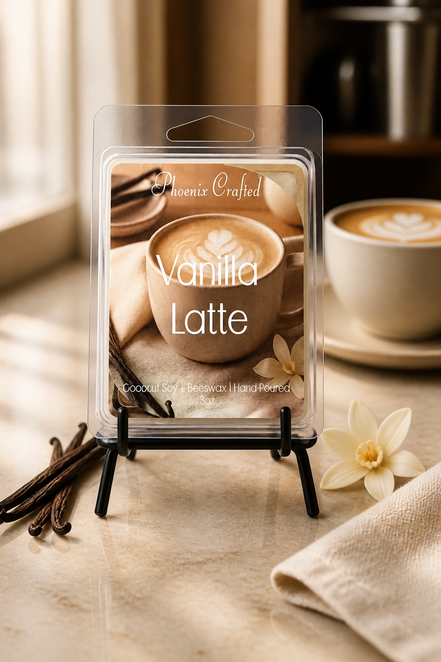 Vanilla Latte Wax Melts packaging with a latte cup and vanilla flower on display.