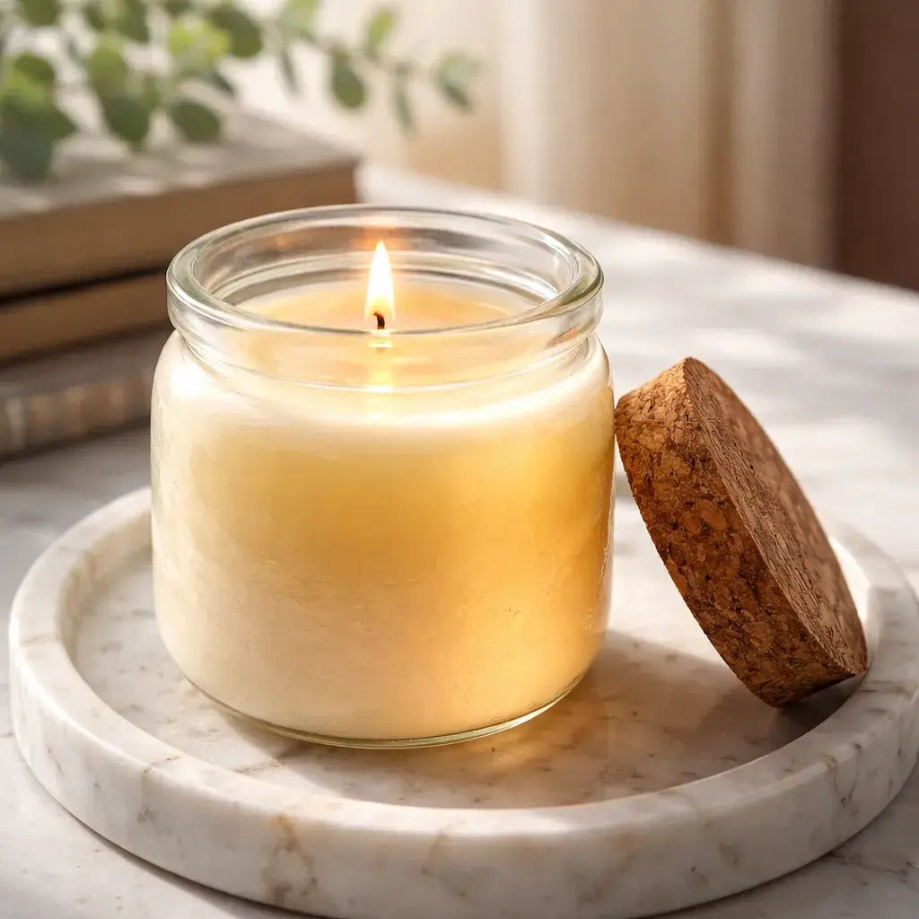 Vanilla Orchid & Sandalwood Candle in glass jar with cork lid, glowing softly on a marble tray.