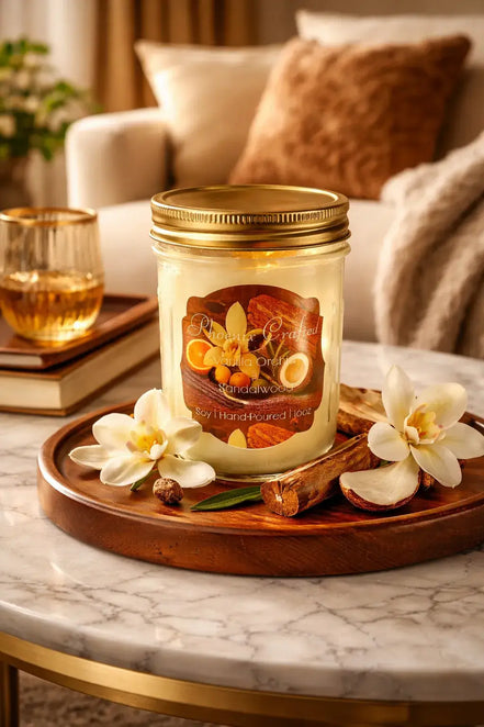 Vanilla Orchid & Sandalwood Candle in a jar surrounded by flowers and wooden elements on a marble table.