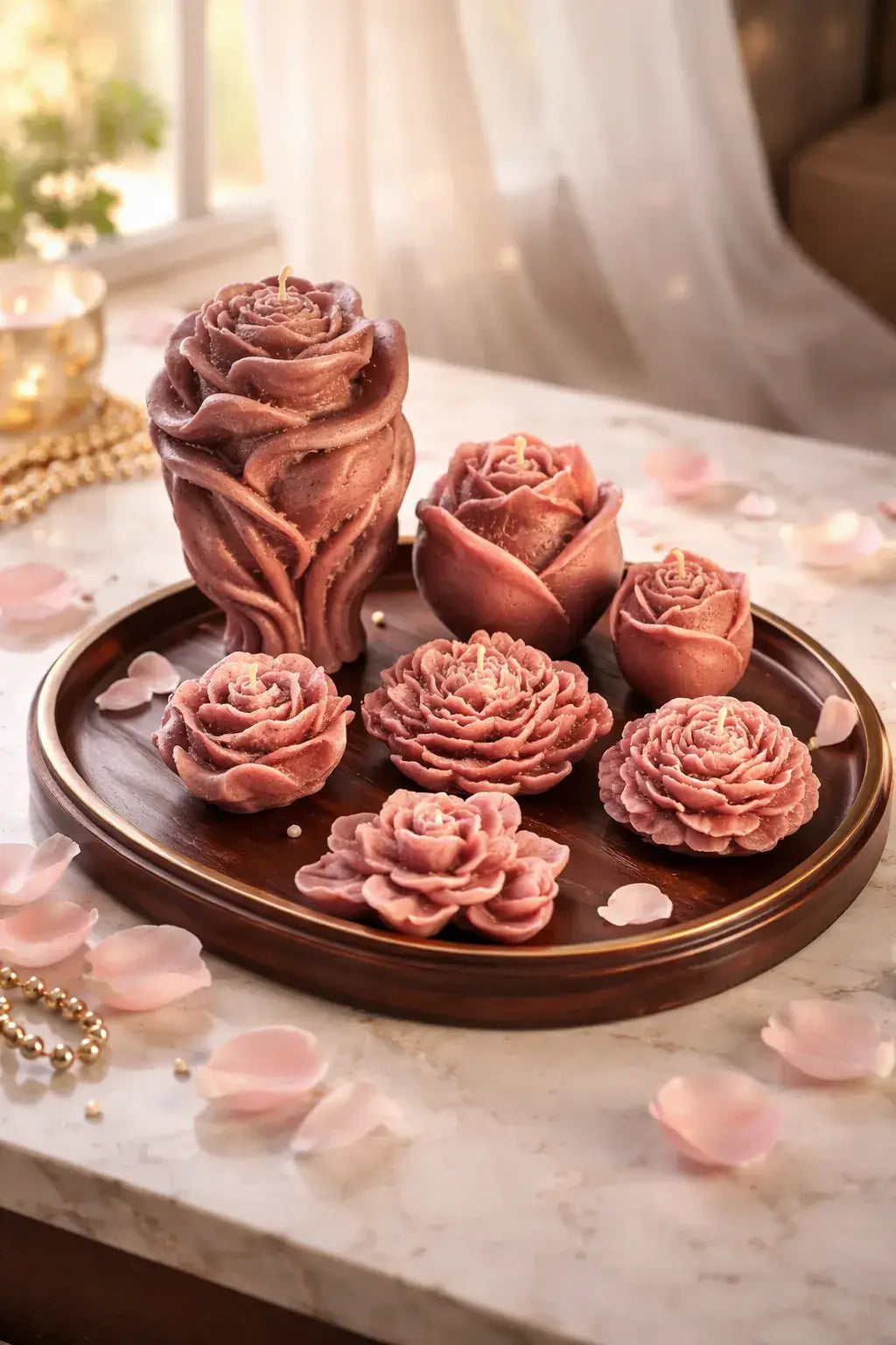 Elegant Vanilla Praline Decorative Candles in rose shapes on a wooden tray, ideal for warm, inviting atmospheres.
