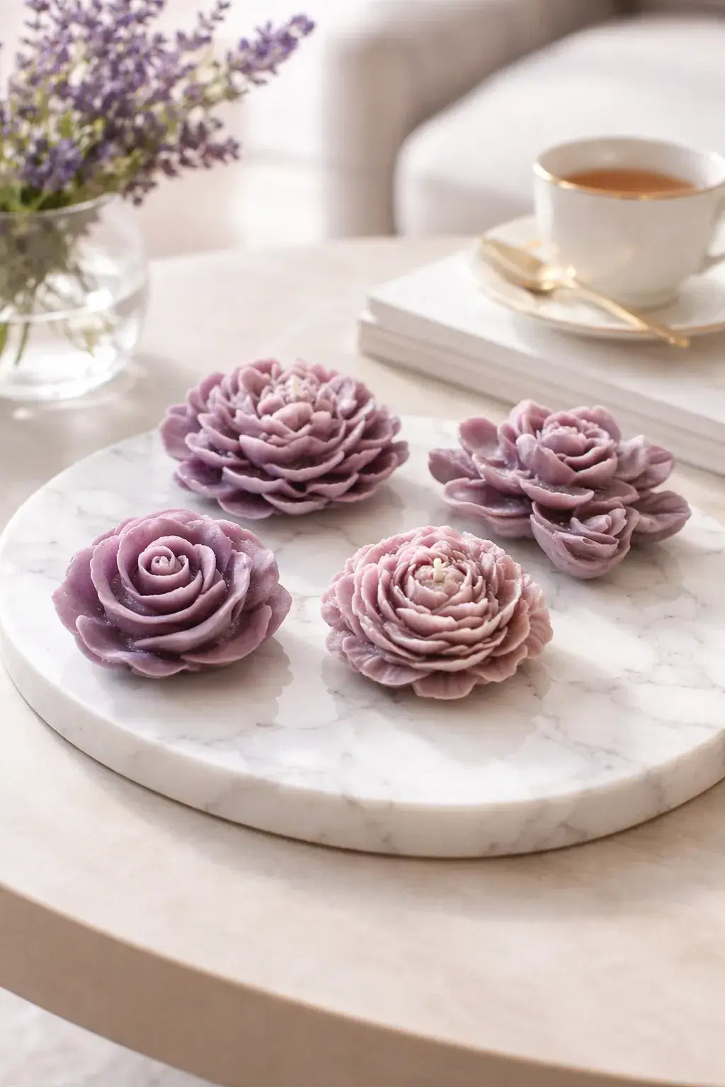 Elegant lavender floral decorative candles on a marble tray, designed to enhance cozy atmospheres.