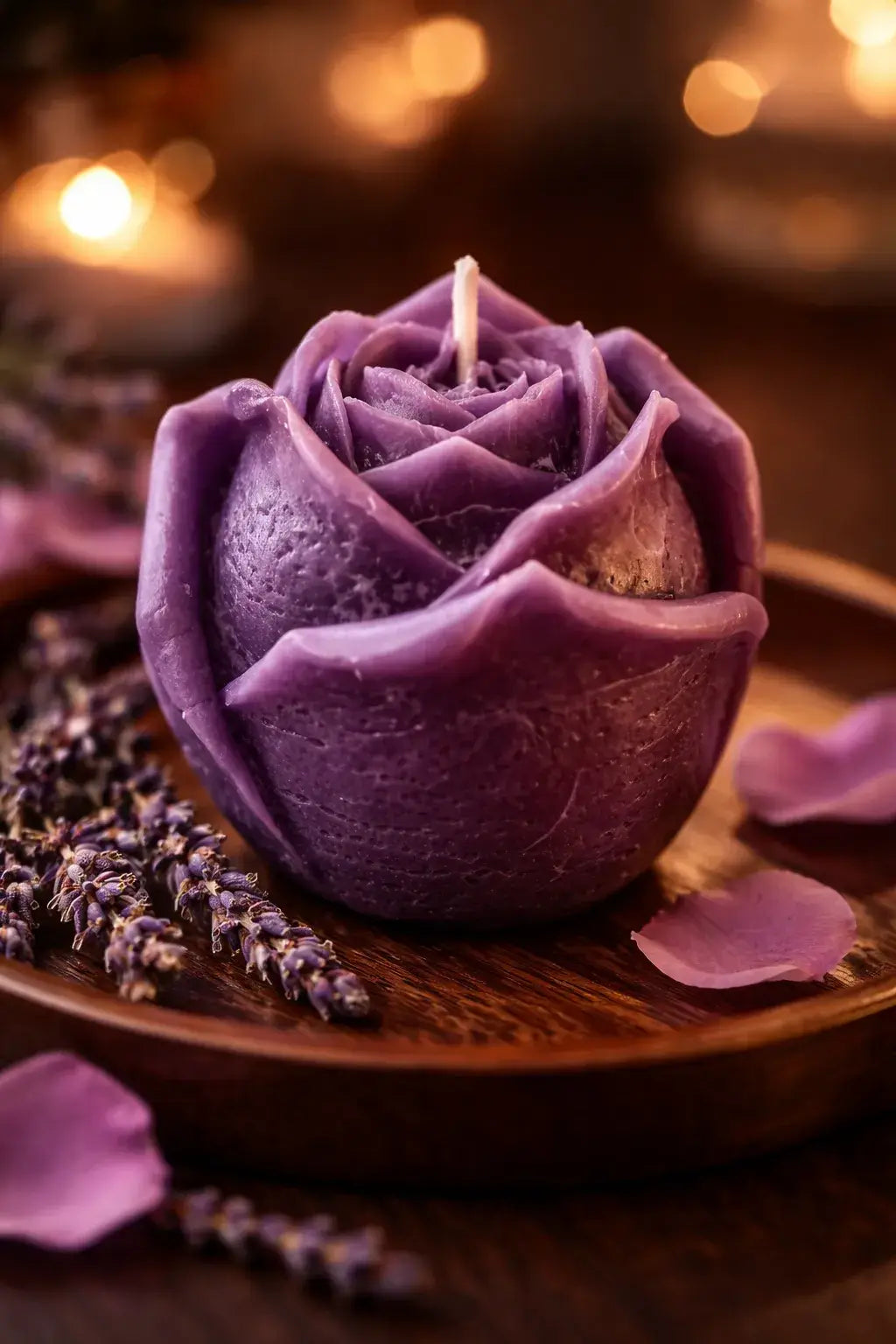 Vanilla Praline Decorative Candles in a luxurious rose shape, surrounded by lavender petals on a wooden plate.