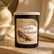 Vanilla Sandalwood Silk Noir Grande 14 oz candle in a matte black vessel with warm vanilla and sandalwood styling.