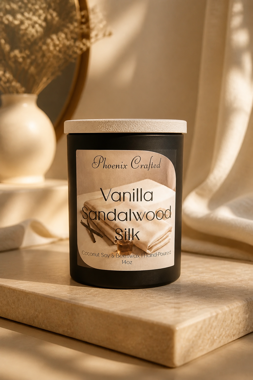 Vanilla Sandalwood Silk Noir Grande 14 oz candle in a matte black vessel with warm vanilla and sandalwood styling.