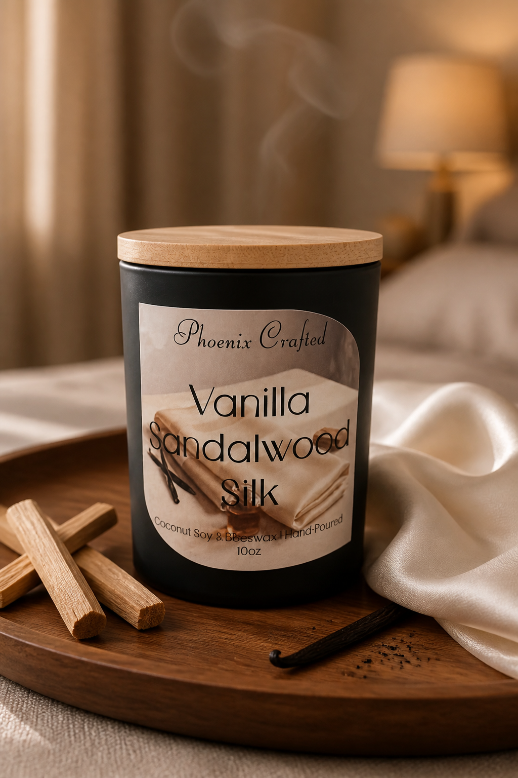 Black matte jar candle with pale lid on a round tray beside palo santo sticks, a dark pod, and a cream cloth.