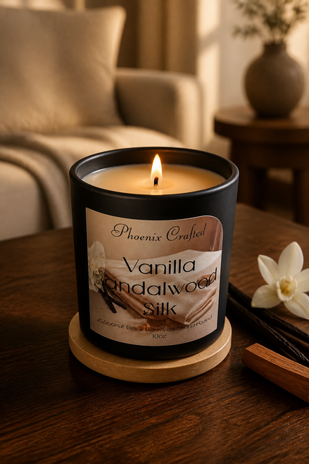 A lit candle labeled Vanilla Sandalwood Silk on a wooden table, surrounded by decorative elements in a cozy setting.
