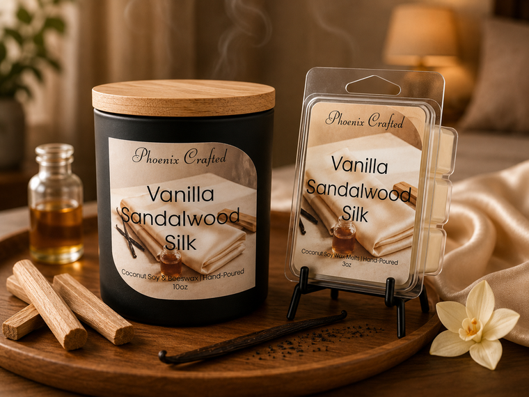 Vanilla Sandalwood Silk candle and matching wax melts arranged as a coordinated Phoenix Crafted gift set.