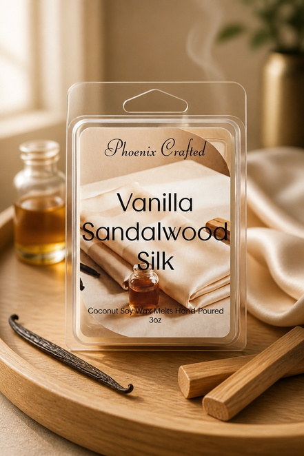 Clear clamshell pack with cream label on a round light-wood tray, beside a vanilla bean, two wooden blocks, amber bottles and cream fabric.