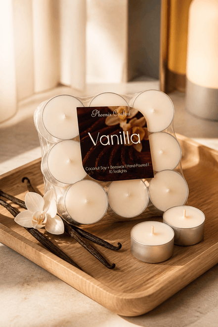 Vanilla Tealights in a pack with vanilla pods and a flower on a wooden tray, showcasing cozy candlelight.