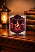 Velvet Hearth Wax Melts in cozy setting with candle and books, featuring spiced vanilla and amber scents.