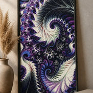 Violet Feather Fractal Diamond Painting displayed in modern decor with swirling purple and teal patterns.