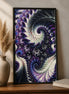 Violet Feather Fractal Diamond Painting displayed in modern decor with swirling purple and teal patterns.