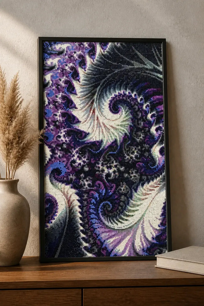 Violet Feather Fractal Diamond Painting displayed in modern decor with swirling purple and teal patterns.
