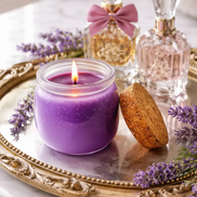 Lit purple candle in a clear glass jar with cork lid on an ornate gold mirrored tray, with lavender sprigs and two faceted glass perfume bottles