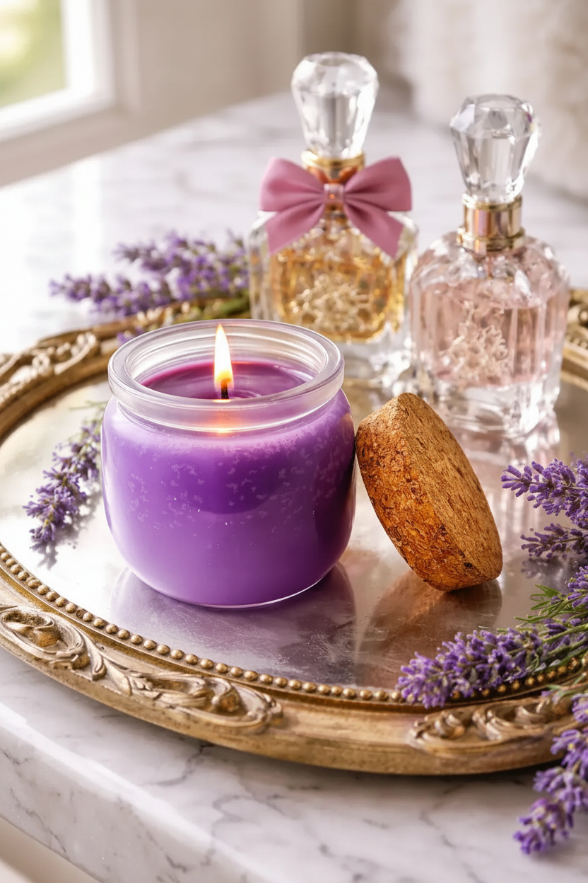 Lit purple candle in a clear glass jar with cork lid on an ornate gold mirrored tray, with lavender sprigs and two faceted glass perfume bottles