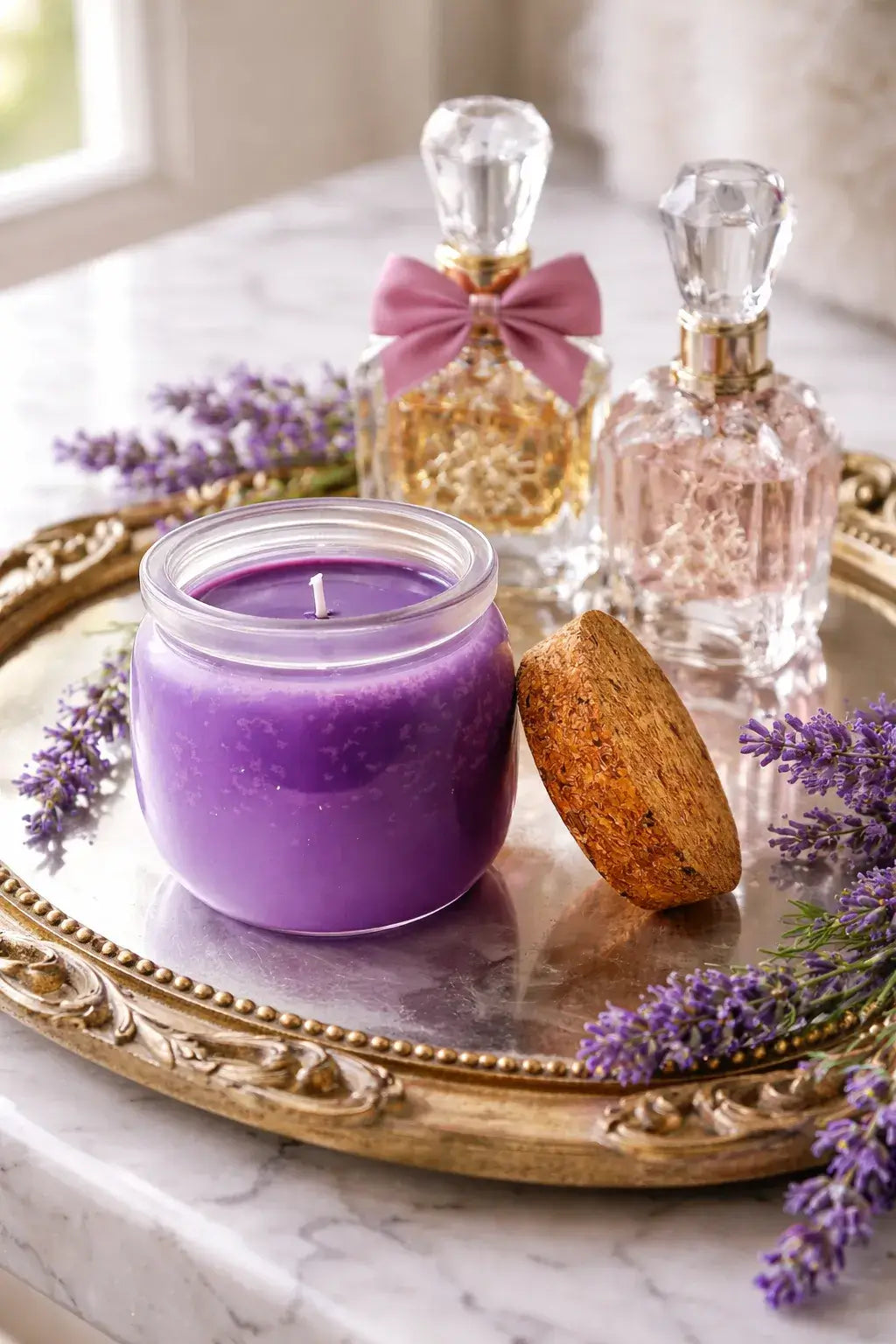Viva La Juicy Candle on a silver tray surrounded by lavender, with decorative perfume bottles in the background.