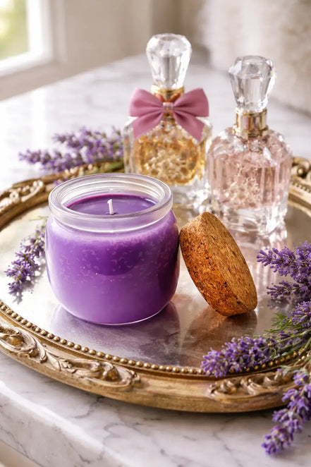 Viva La Juicy Candle on a silver tray surrounded by lavender, with decorative perfume bottles in the background.