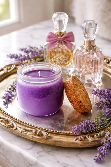 Viva La Juicy Candle on a silver tray surrounded by lavender, with decorative perfume bottles in the background.