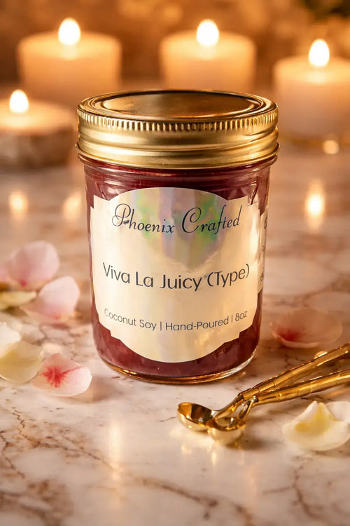 Viva La Juicy Candle in a hand-poured jar, featuring a vibrant label and surrounded by soft floral accents.