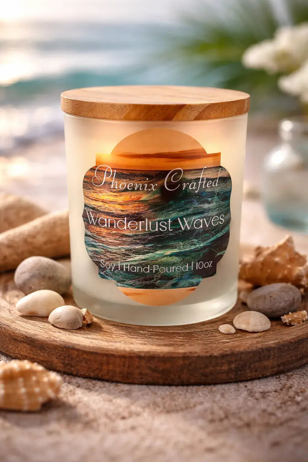 Wanderlust Waves Candle with wooden lid, displayed with seashells and stones on a coastal backdrop.
