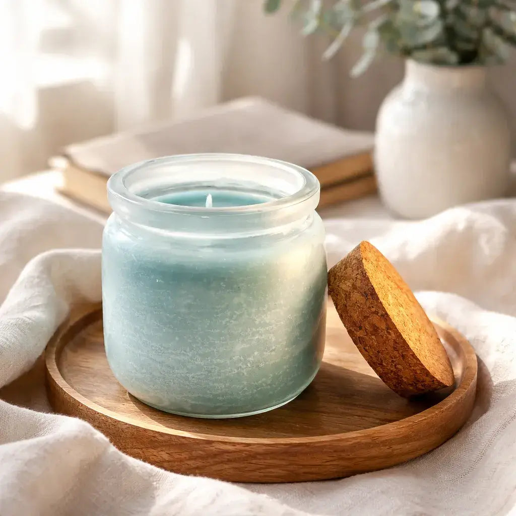 Wanderlust Waves Candle in a glass jar on a wooden tray, featuring a cork lid and a soft background.