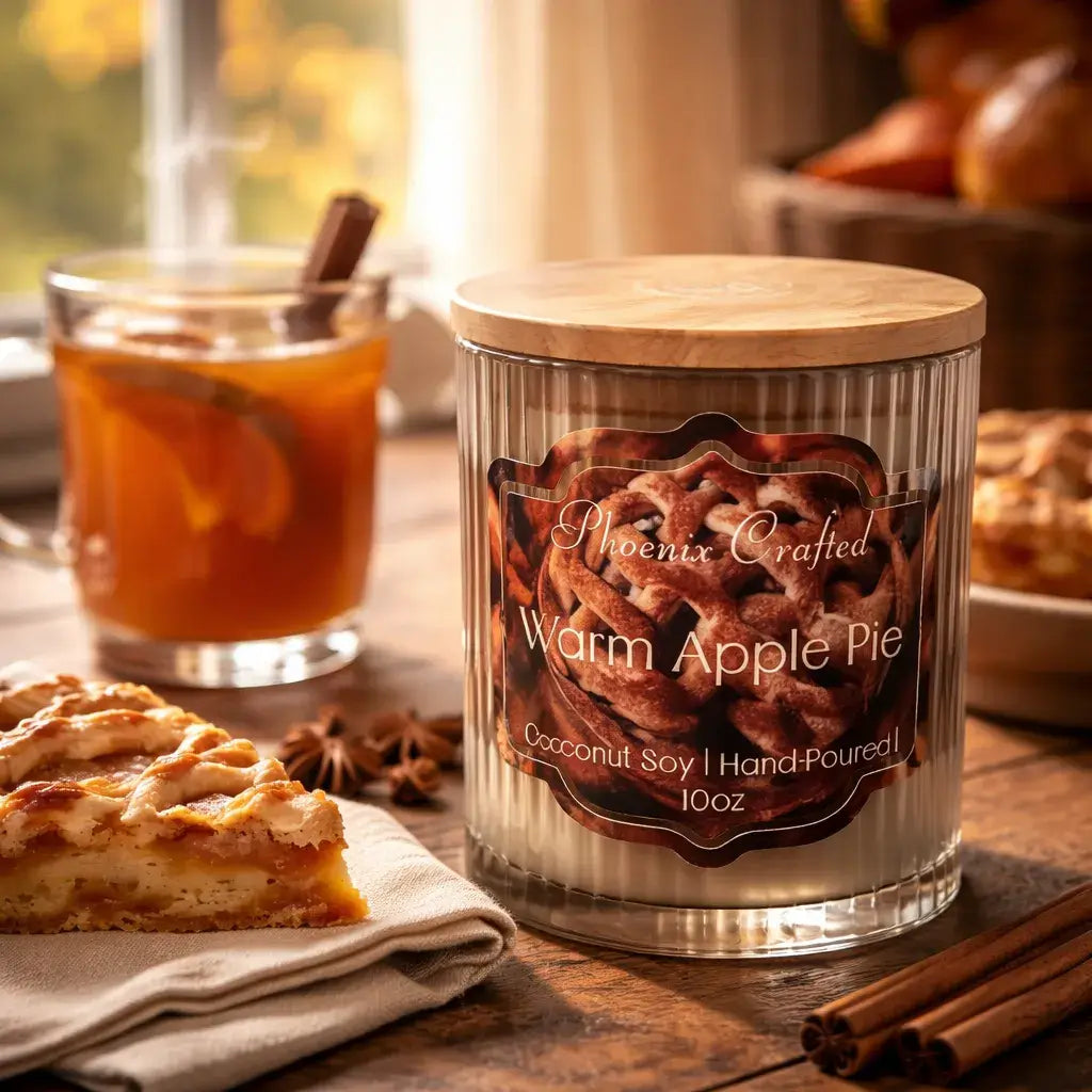 Warm Apple Pie Decorative Candles in glass jar with wooden lid, surrounded by dessert and cinnamon sticks.