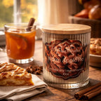 Warm Apple Pie Decorative Candles in glass jar with wooden lid, surrounded by dessert and cinnamon sticks.
