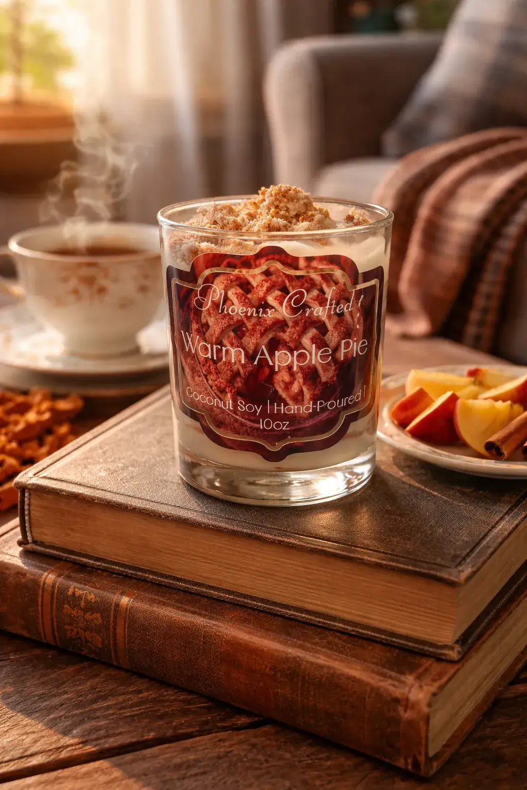 Warm Apple Pie Decorative Candles in a cozy autumn setting next to a cup of tea and fresh apples.