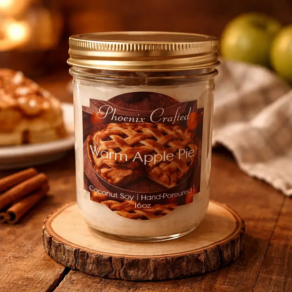 Warm Apple Pie Decorative Candles in a jar with a pie pattern label, set in a cozy kitchen decor.