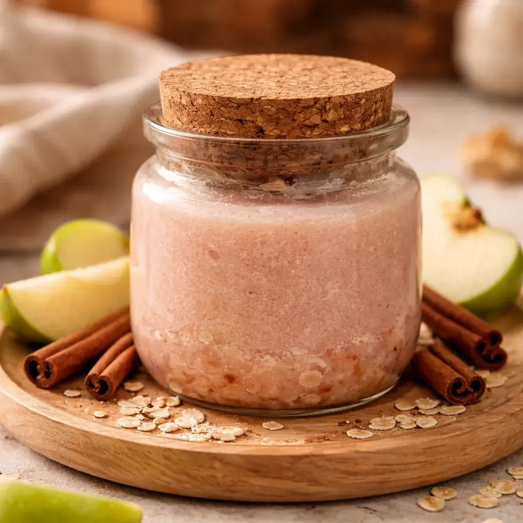 Warm Apple Pie Decorative Candles in a glass jar surrounded by apples and cinnamon sticks on a wooden tray.