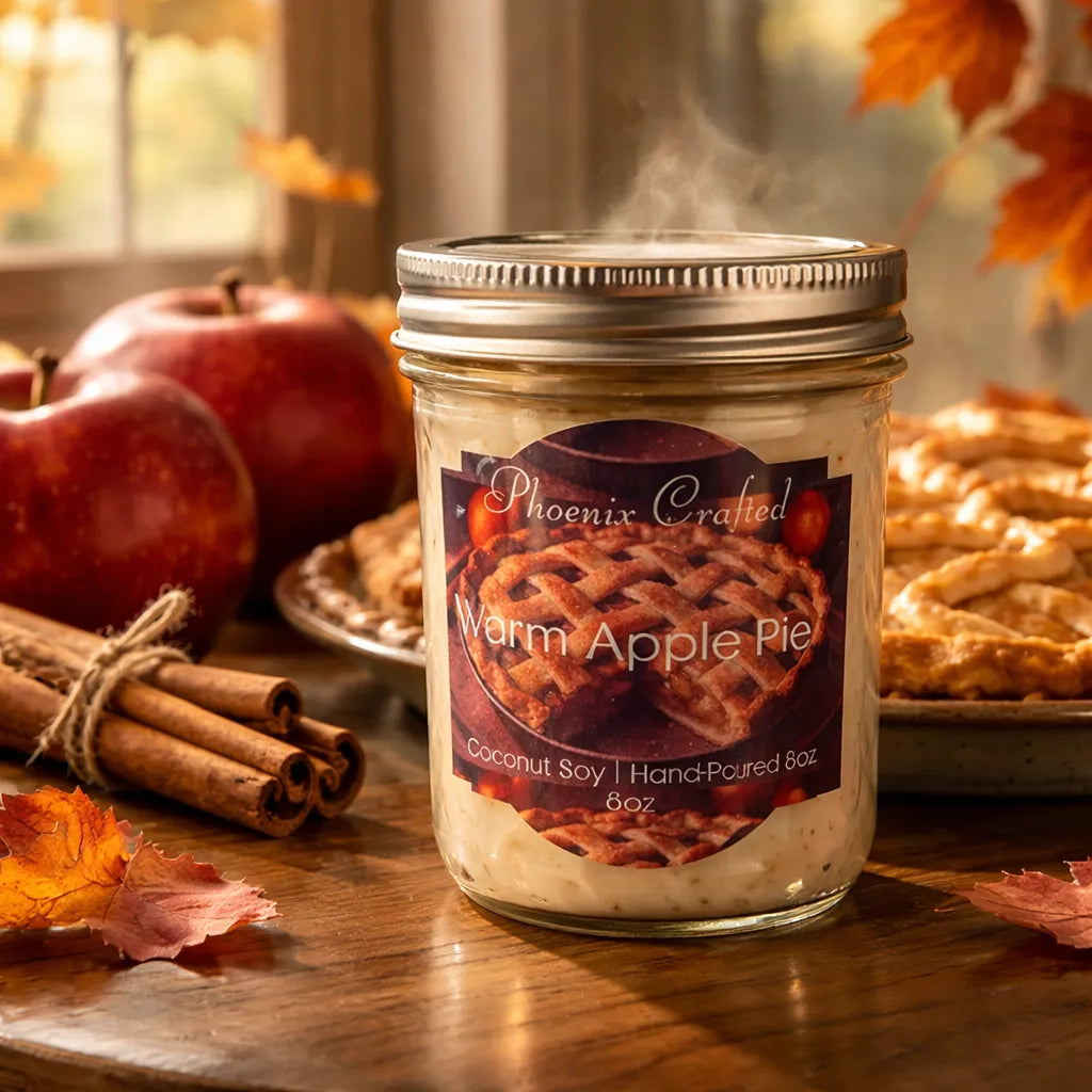 A jar of Warm Apple Pie Decorative Candles with apples and cinnamon sticks, evoking a cozy autumn feel.