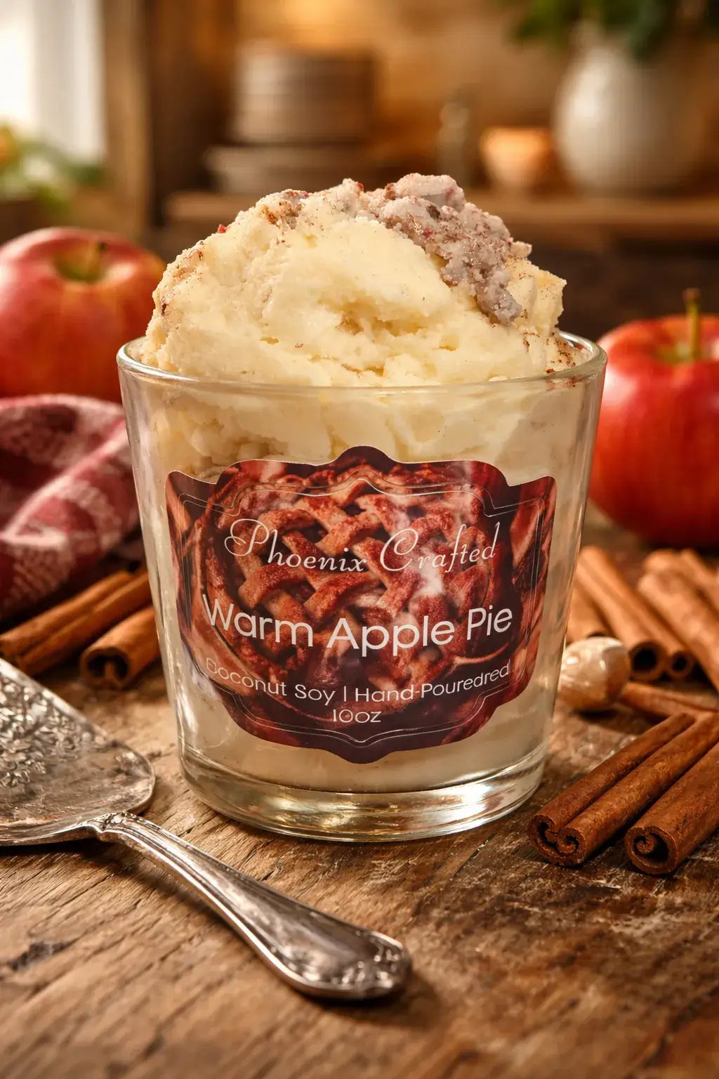 Warm Apple Pie Decorative Candles in a glass jar with apple and cinnamon decor.