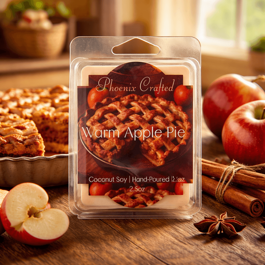 Clear plastic clamshell of cream wax melts labeled 'Phoenix Crafted Warm Apple Pie' on a wooden table with apples.