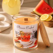 Watermelon Lemonade Candle in a stylish glass jar with a wooden lid, surrounded by watermelon and lemon.