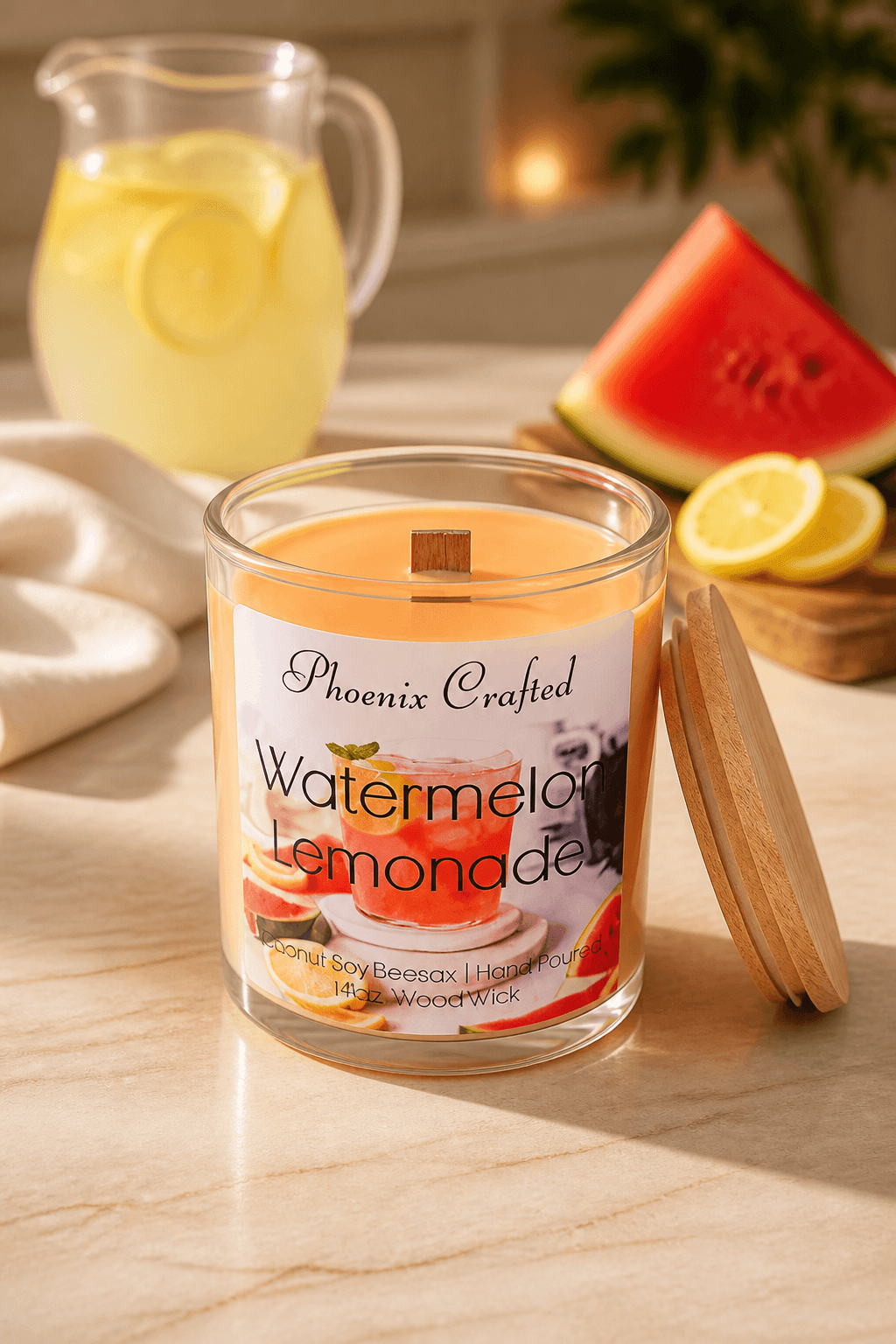 Watermelon Lemonade Candle in a stylish glass jar with a wooden lid, surrounded by watermelon and lemon.