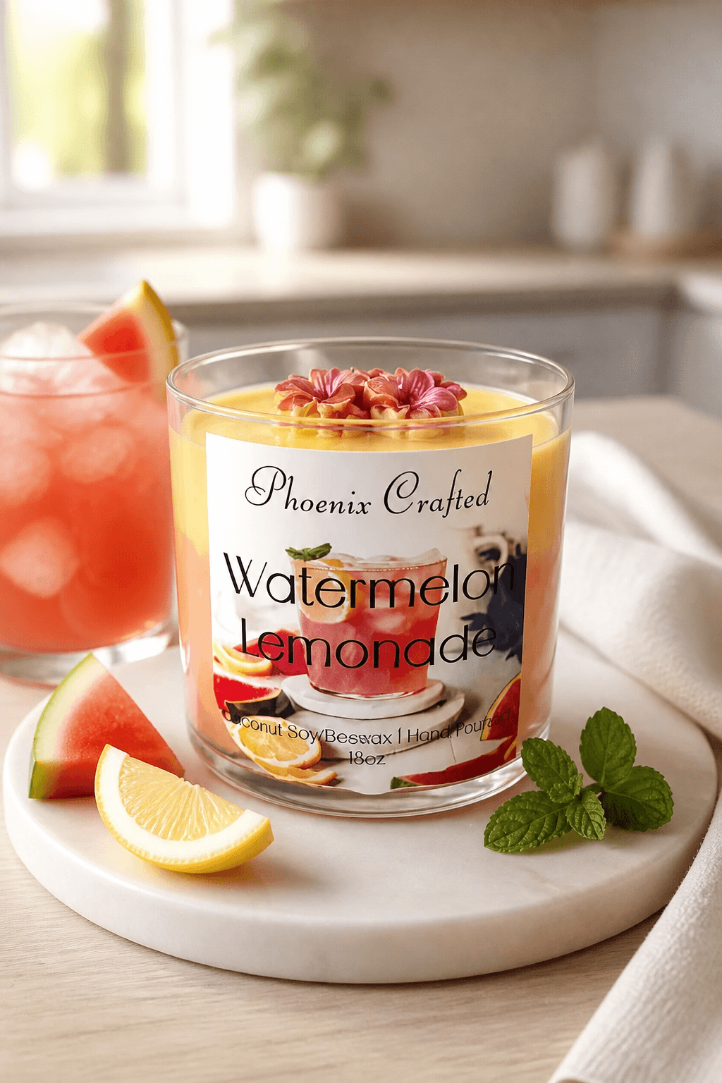 A Watermelon Lemonade Candle on a table with fresh watermelon, lemon slices, and a drink in the background.