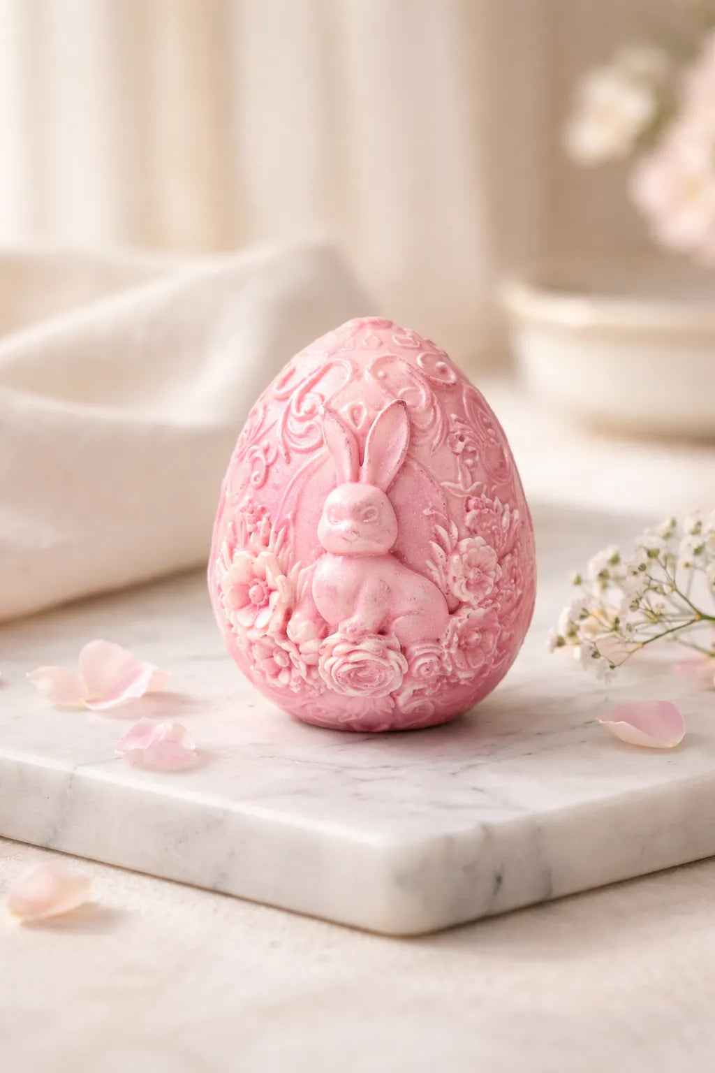 Bunny Egg Candle with a pink bunny design, decorated with flowers, perfect for Easter and spring decor.