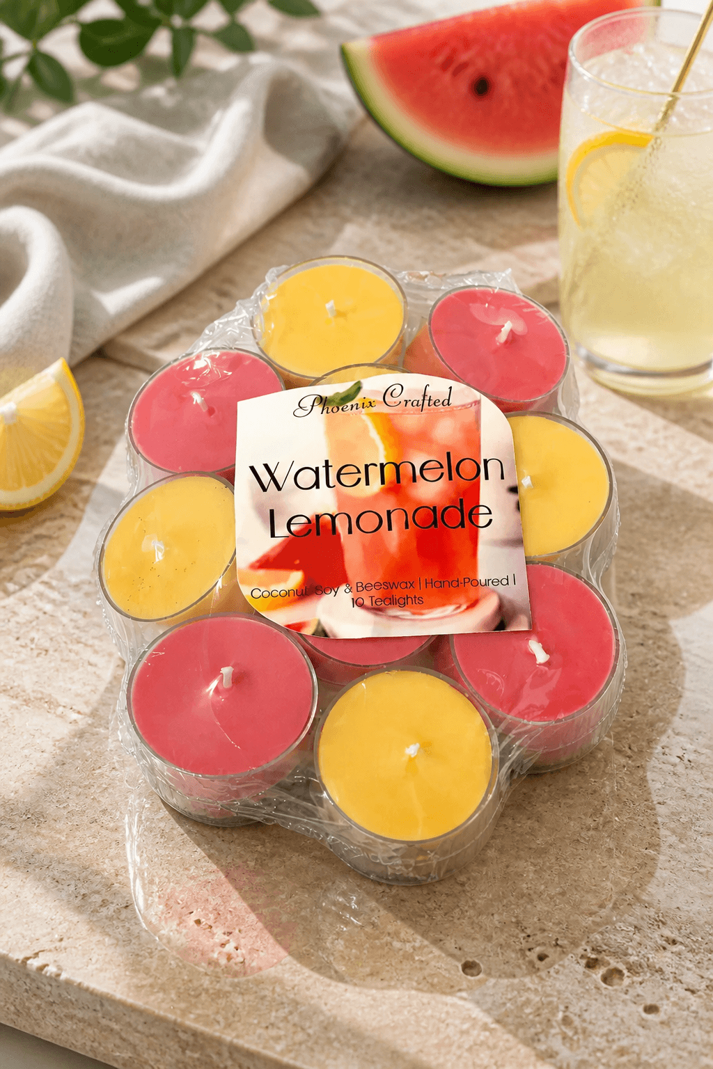 Pack of Watermelon Lemonade tealights showing vibrant colors that evoke summer vibes and fruity scents.