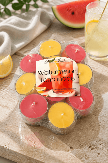 Pack of Watermelon Lemonade tealights showing vibrant colors that evoke summer vibes and fruity scents.