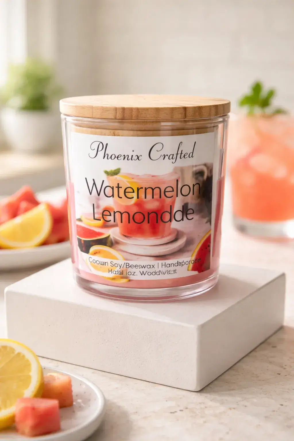 Watermelon Lemonade Candle in a clear jar with a wooden lid, surrounded by fresh lemons and watermelon.