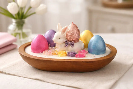 Watermelon Lemonade Candle Easter decoration featuring a white bunny and colorful eggs in a wooden bowl with flowers.