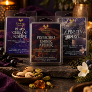 Build Your Own Wax Melt Trio with Black Currant Reserve, Pistachio Ember Atelier, and Alpine Tea Reserve wax melts by Phoenix Crafted.