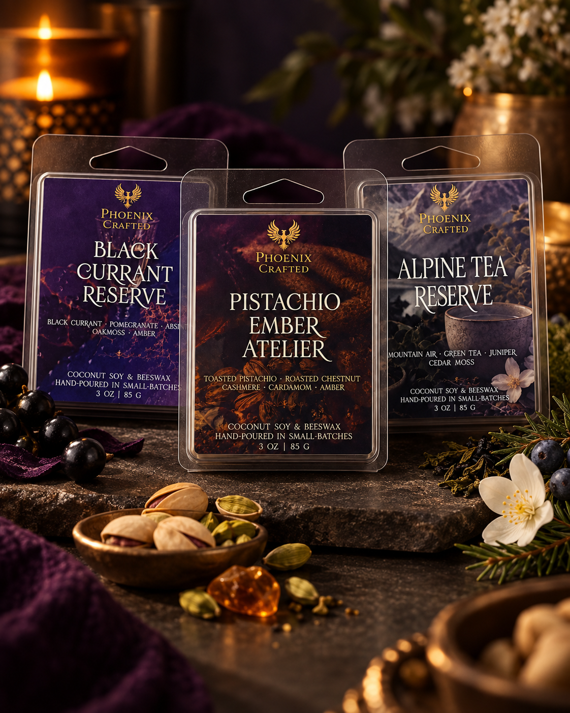 Build Your Own Wax Melt Trio with Black Currant Reserve, Pistachio Ember Atelier, and Alpine Tea Reserve wax melts by Phoenix Crafted.