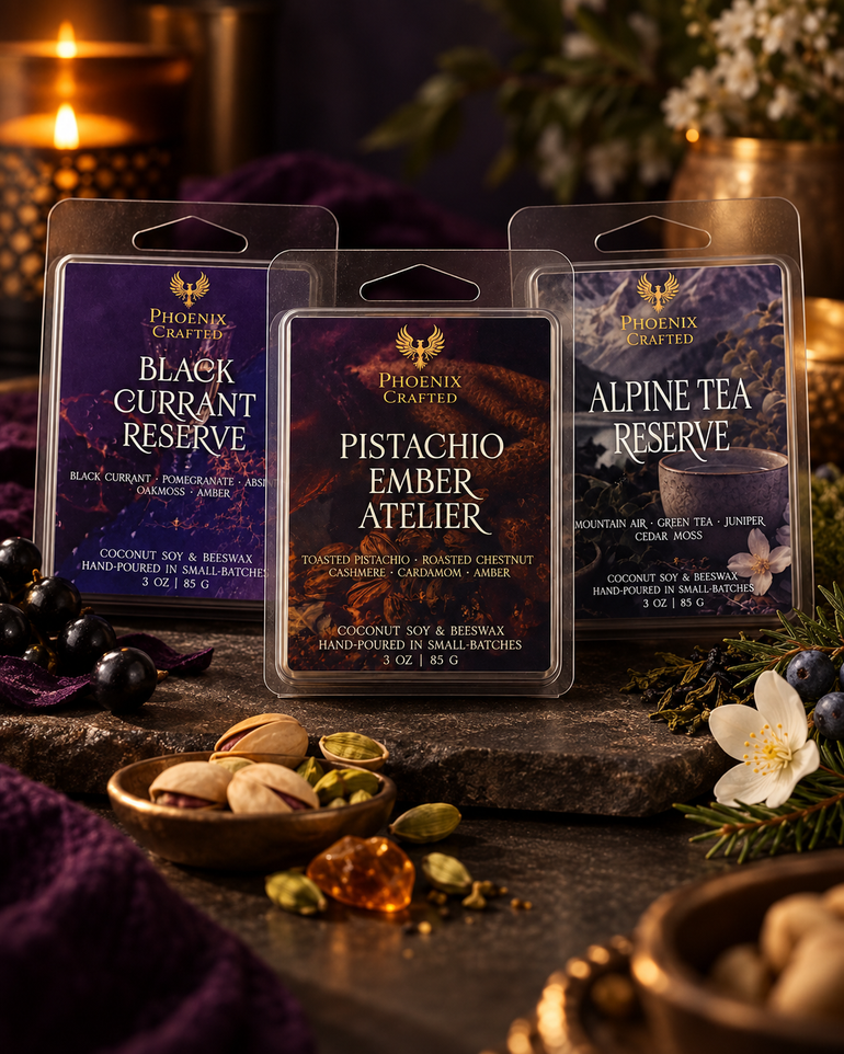 Build Your Own Wax Melt Trio with Black Currant Reserve, Pistachio Ember Atelier, and Alpine Tea Reserve wax melts by Phoenix Crafted.