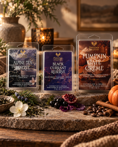 Phoenix Crafted wax melt trio with 3 oz Alpine Tea Reserve and Black Currant Reserve plus 5 oz Pumpkin Café Crème.