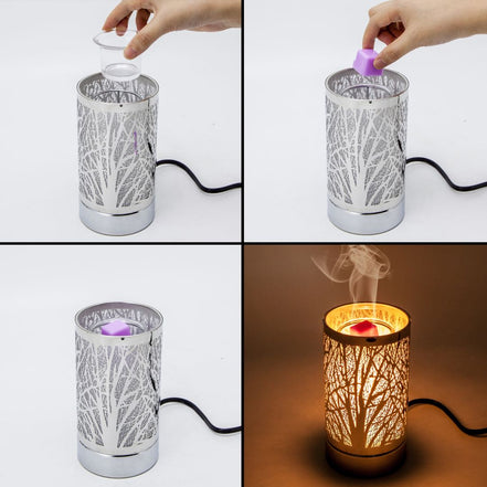 Four-panel collage: silver cylinder warmer with branch cutouts and black cord; hands insert a liner and purple wax cube.