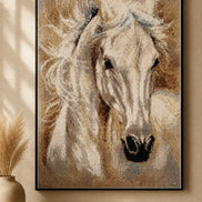 Whisperwind Stallion Diamond Painting showing a graceful white stallion in flowing motion with a soft, warm background.