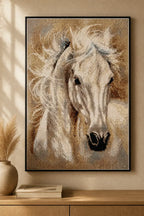 Whisperwind Stallion Diamond Painting showing a graceful white stallion in flowing motion with a soft, warm background.